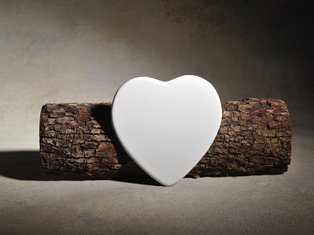 Ein Porzellanherz vor einem Astabschnitt